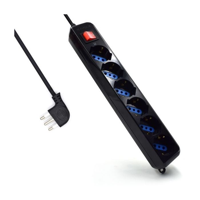 Ewent Regleta con 6 Tomas Tipo L/F (Schuko) de 10/16A - Interruptor On/Off - Proteccion contra Sobretensiones - Proteccion Infantil - Enchufe Italiano Plano en Angulo - Cable de 1.5m - Color Negro
