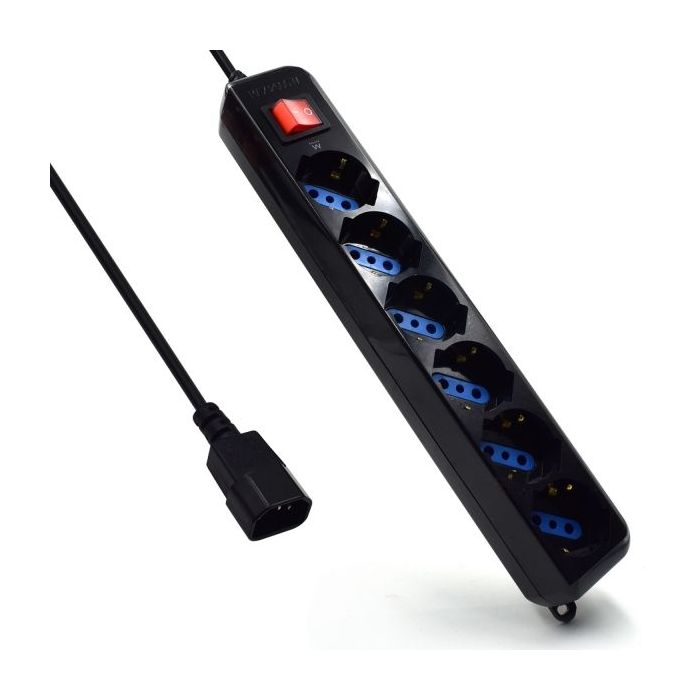 Ewent Regleta con 6 Tomas Tipo L/F (Schuko) para SAI - Proteccion contra Sobretension - Proteccion Infantil - Interruptor On/Off - Enchufe Vde - Cable de 1.5m - Color Negro