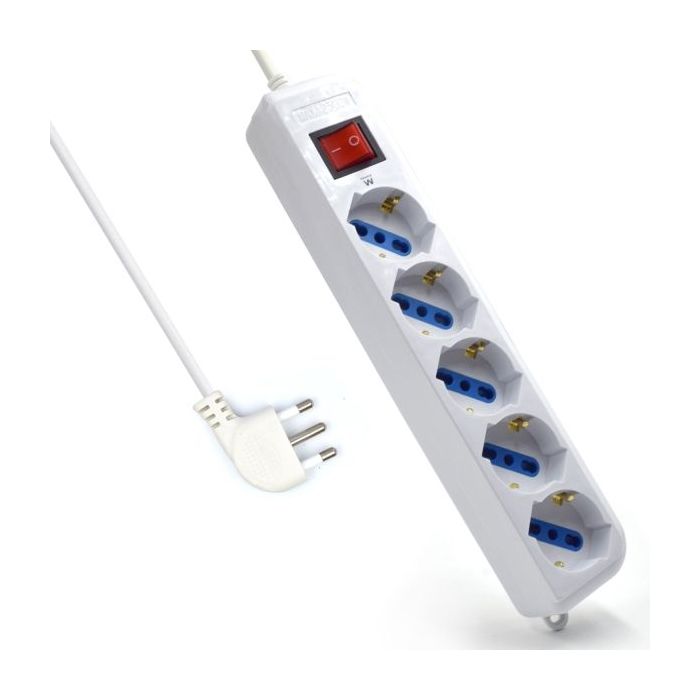 Ewent Regleta con 6 Tomas Tipo L/F (Schuko) de 10/16A - Interruptor de Encendido - Proteccion contra Sobretensiones - Proteccion Infantil - Enchufe Italiano Plano en Angulo - Cable de 1.5m - Color Blanco
