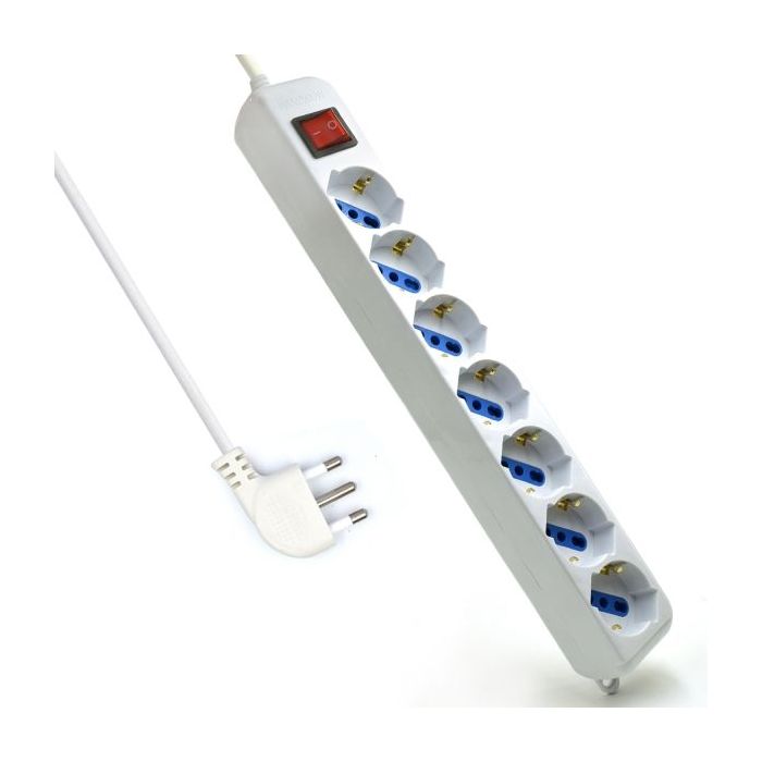 Ewent Regleta con 6 Tomas Tipo L/F (Schuko) de 10/16A - Interruptor de Encendido - Proteccion contra Sobretensiones - Proteccion Infantil - Enchufe Italiano Plano en Angulo - Cable de 1.5m - Color Blanco