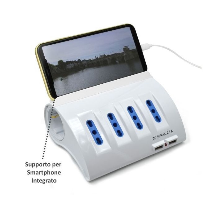 Ewent Regleta con 6 Tomas - 4 Tomas L + 2 Toma L/F (Schuko) - 2x USB-A - Proteccion Infantil - Enchufe Italiano Plano en Angulo - Proteccion contra Sobretensiones - Cable de 1.5m - Color Blanco