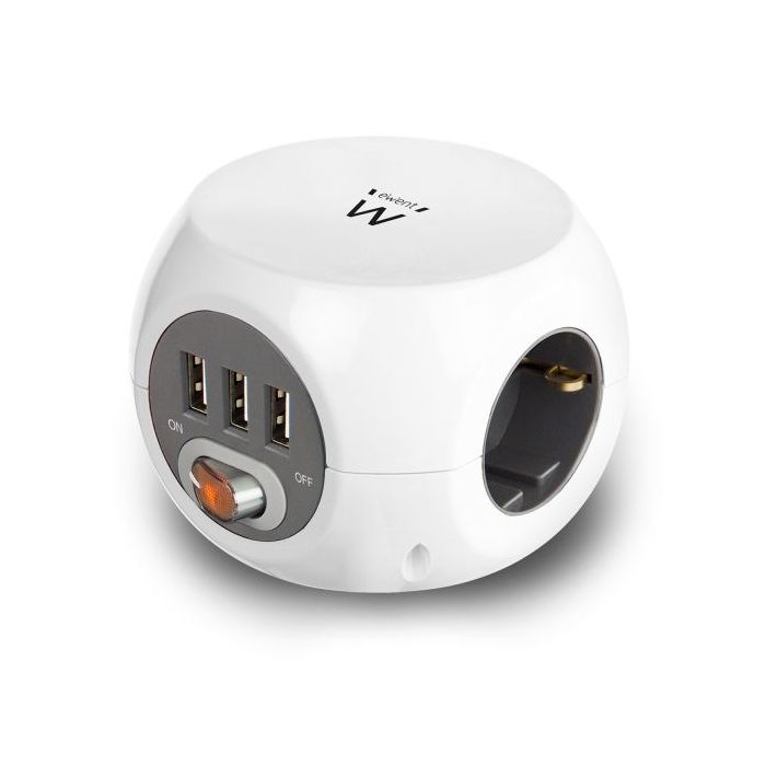 Ewent Regleta con 6 Tomas de Sobremesa - 3x Schuko 16A - 3x USB-A - Interruptor On/Off - Cable de 1.5m - Forma de Cubo - Color Blanco/Gris