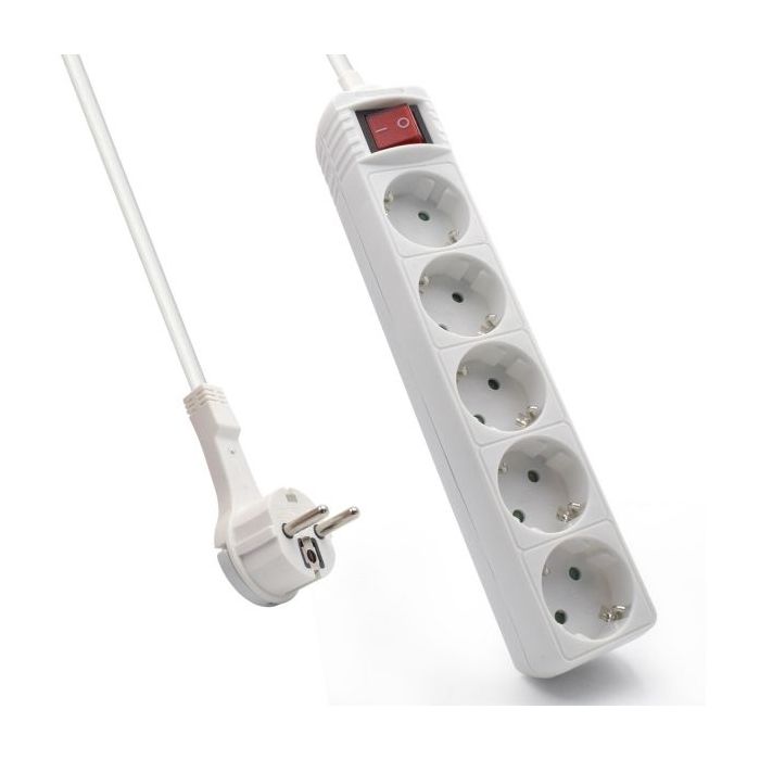 Ewent Regleta de 5 Tomas Schuko 16A - Proteccion Infantil - Interruptor On/Off - Cable de 1.5m - Enchufe Schuko Plano en Angulo - Interruptor On/Off - Color Blanco
