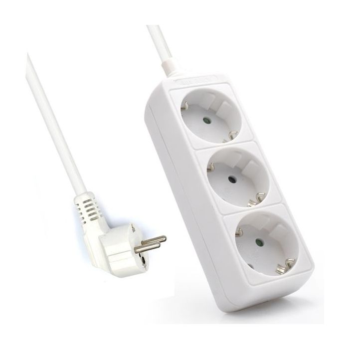 Ewent Regleta de 3 Tomas Schuko 16A - Proteccion Infantil - Cable de 1.5m - Enchufe Schuko Plano en Angulo - Color Blanco