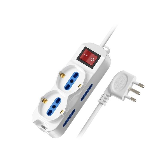 Ewent Regleta con 6 Tomas - 4 Tomas L + 2 Tomas L/F (Schuko) - Interruptor On/Off - Proteccion Infantil - Enchufe Italiano Plano en Angulo - Cable de 5m - Color Blanco