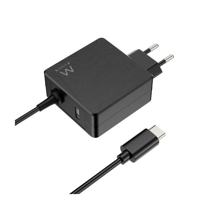 Ewent Cargador de Pared USB-C de 65W - Power Delivery - USB-A Extra - Cable de 1.5m - Proteccion Electrica - Color Negro