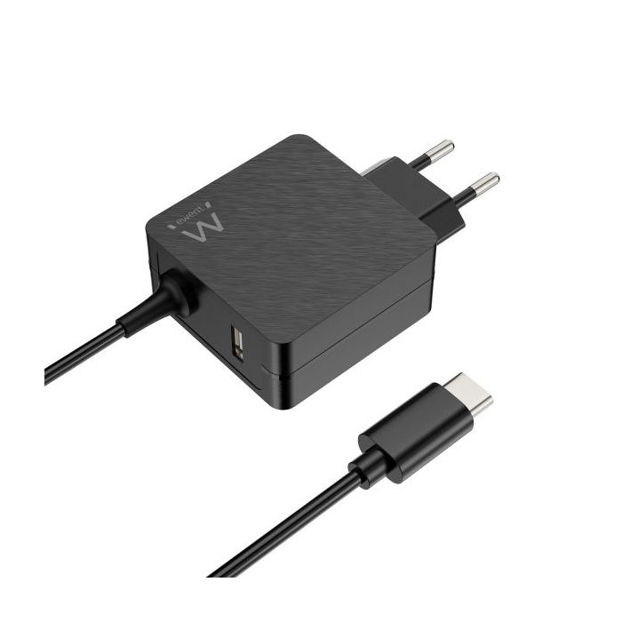 Ewent Cargador de Pared USB-C de 45W - Power Delivery - USB-A Extra - Cable de 1.5m - Proteccion Electrica - Color Negro