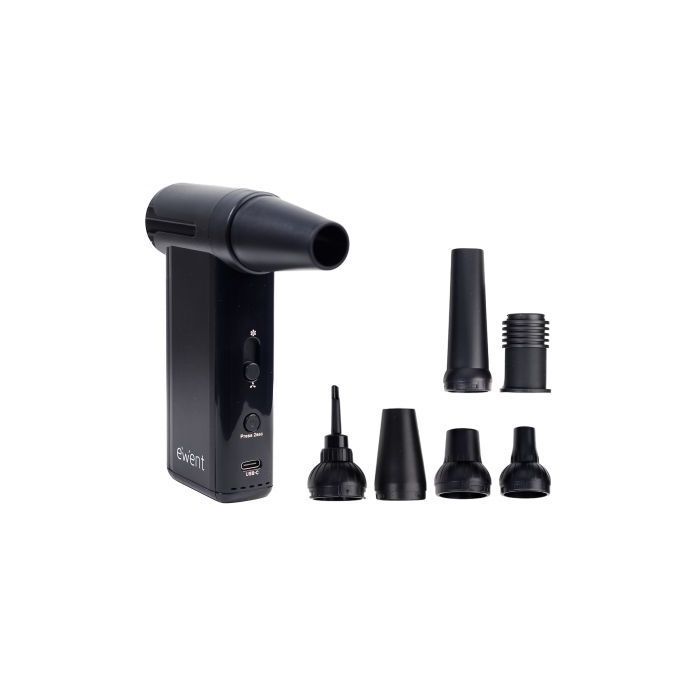 Ewent Pistola de Aire Comprimido - Aspirador, Bomba de Vacio e Inflador - 8 Velocidades -130000 RPM  - Bateria de 5000mah - Color Negro