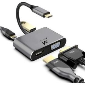 Ewent Hub 4 en 1 - HDMI - VGA - USB 3.2 Gen1 - USB-C PD 60W - Color Aluminio