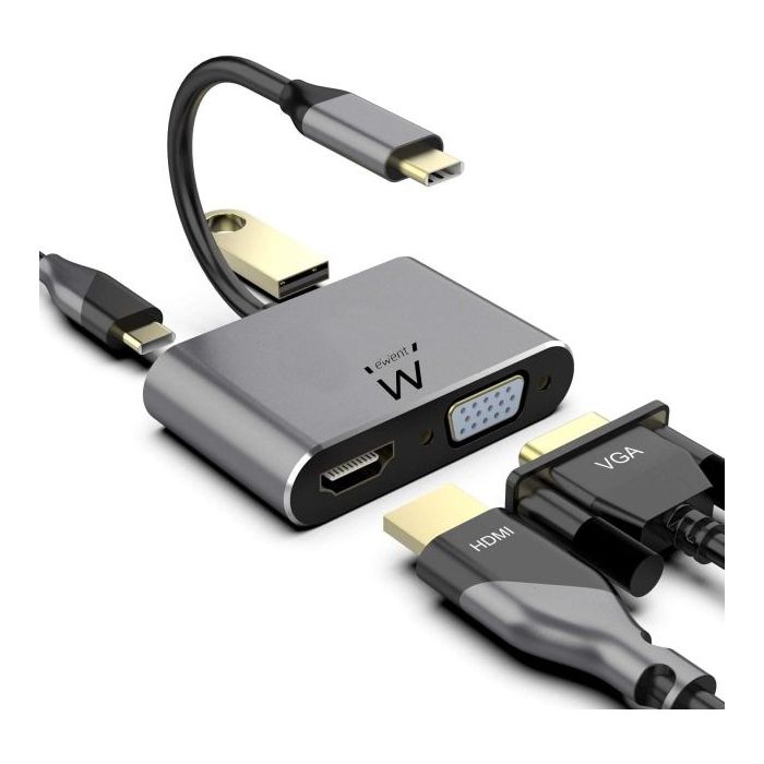 Ewent Hub 4 en 1 - HDMI - VGA - USB 3.2 Gen1 - USB-C PD 60W - Color Aluminio