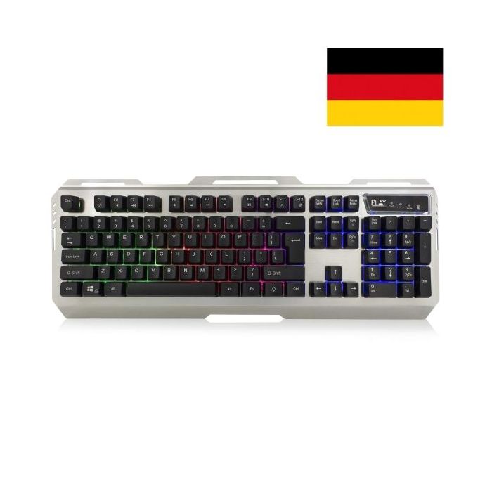 Ewent Teclado Gaming - Iluminacion RGB - Disposicion Alemana QWERTZ DE - Carcasa de Metal - 12 Teclas Multimedia - Cable de 1.5m - Color Plata/Negro