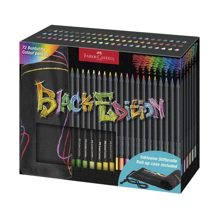 Faber-Castell Black Edition Pack Enrollable de 72 Lapices de Colores - Mina Supersuave - Madera Negra - Ideales para Dibujo sobre Papel Claro, Oscuro y de Colores - Colores Surtidos