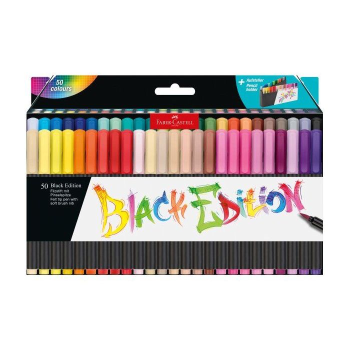 Faber-Castell Black Edition Pack de 50 Rotuladores Punta Pincel - Tinta a Base de Colorantes Alimentarios - Colores Surtidos