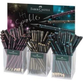 Faber-Castell Sparkle Medianoche Expositor con 144 Lapices Triangulares de Grafito B - Mina Resistente a la Rotura - Con Boton de Purpurina Rosa, Oceano y Dorado