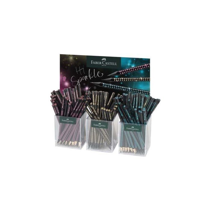 Faber-Castell Sparkle Medianoche Expositor con 144 Lapices Triangulares de Grafito B - Mina Resistente a la Rotura - Con Boton de Purpurina Rosa, Oceano y Dorado