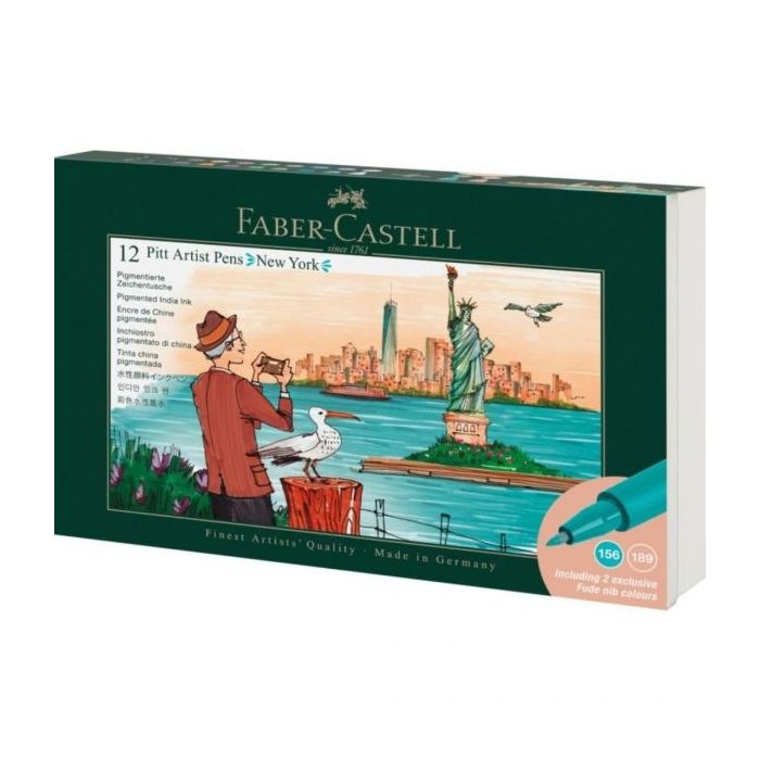 Faber-Castell Pitt Artist Pen Brush City Collection New York Estuche con 12 Rotuladores Punta Pincel - Tinta Pigmentada - Alta Resistencia a la Luz - No Traspasa el Papel - Colores Surtidos