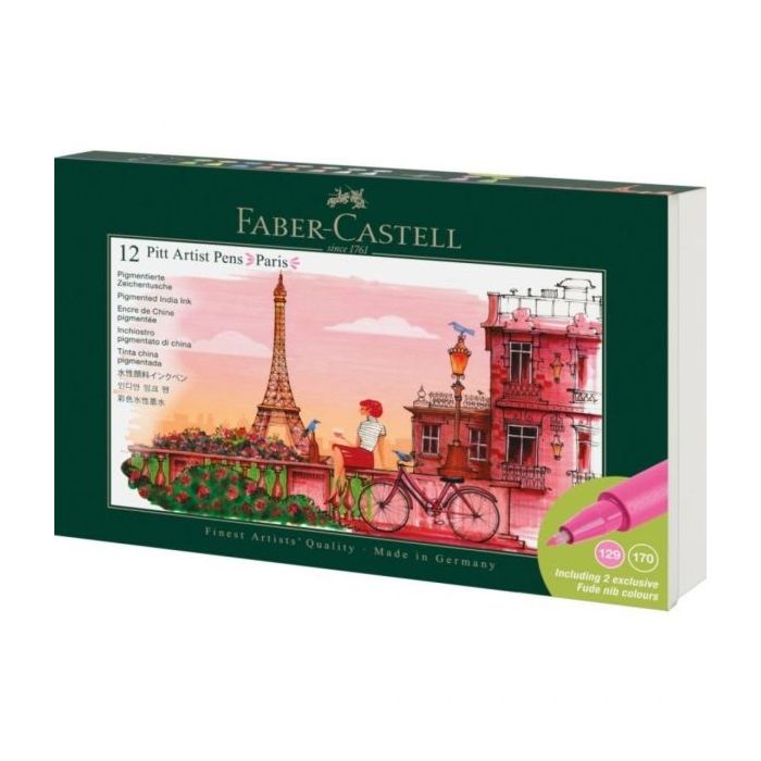 Faber-Castell Pitt Artist Pen Brush City Collection Paris Estuche con 12 Rotuladores Punta Pincel - Tinta Pigmentada - Alta Resistencia a la Luz - No Traspasa el Papel - Colores Surtidos