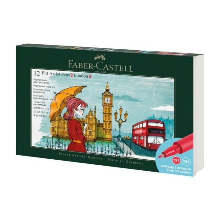Faber-Castell Pitt Artist Pen Brush City Collection London Estuche con 12 Rotuladores Punta Pincel - Tinta Pigmentada - Alta Resistencia a la Luz - No Traspasa el Papel - Colores Surtidos