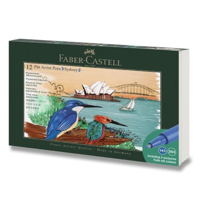 Faber-Castell Pitt Artist Pen Brush City Collection Sydney Estuche con 12 Rotuladores Punta Pincel - Tinta Pigmentada - Alta Resistencia a la Luz - No Traspasa el Papel - Colores Surtidos