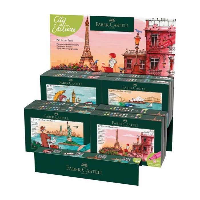 Faber-Castell Pitt Artist Pen Brush City Collection Expositor con 8 Estuches con 12 Rotuladores Punta Pincel - Tinta Pigmentada - Alta Resistencia a la Luz - No Traspasa el Papel - Colores Surtidos
