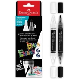 Faber-Castell Shake & Paint Black Edition Pack de 2 Rotuladores Acrilicos Doble Punta - Puntas Redondas de 1mm y 3mm - Tinta Acrilica al Agua - Colores Negro y Blanco
