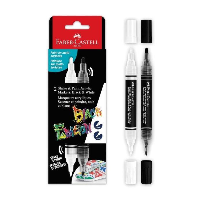 Faber-Castell Shake & Paint Black Edition Pack de 2 Rotuladores Acrilicos Doble Punta - Puntas Redondas de 1mm y 3mm - Tinta Acrilica al Agua - Colores Negro y Blanco