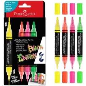 Faber-Castell Shake & Paint Black Edition Pack de 4 Rotuladores Acrilicos Doble Punta - Puntas Redondas de 1mm y 3mm - Tinta Acrilica al Agua - Colores Neon Surtidos