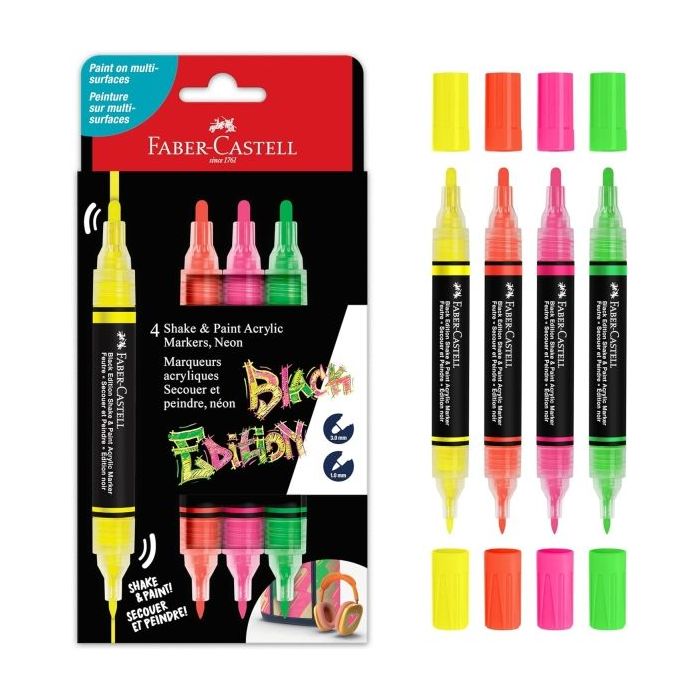 Faber-Castell Shake & Paint Black Edition Pack de 4 Rotuladores Acrilicos Doble Punta - Puntas Redondas de 1mm y 3mm - Tinta Acrilica al Agua - Colores Neon Surtidos