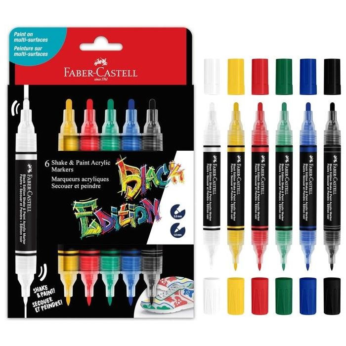 Faber-Castell Shake & Paint Black Edition Pack de 6 Rotuladores Acrilicos Doble Punta - Puntas Redondas de 1mm y 3mm - Tinta Acrilica al Agua - Color Clasicos Surtidos