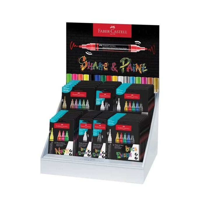Faber-Castell Shake & Paint Black Edition Expositor con 36 Estuches Surtidos de Rotuladores Acrilicos Doble Punta - Puntas Redondas de 1mm y 3mm - Tinta Acrilica al Agua - Colores Surtidos