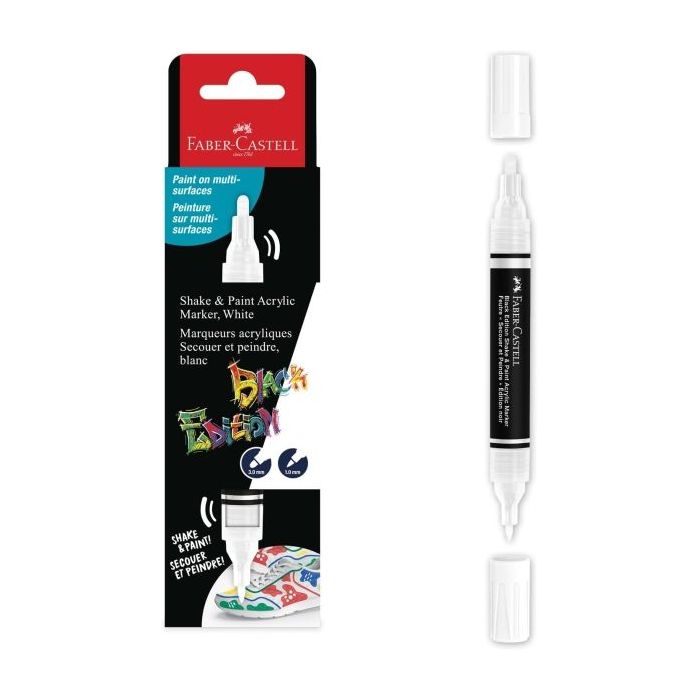 Faber-Castell Shake & Paint Black Edition Rotulador Acrilico Doble Punta - Puntas Redondas de 1mm y 3mm - Tinta Acrilica al Agua - Color Blanco