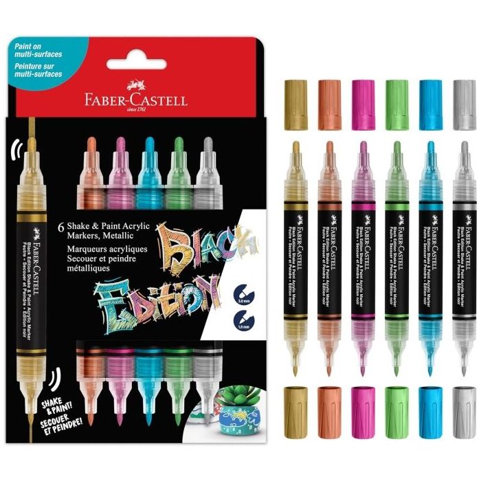 Faber-Castell Shake & Paint Black Edition Pack de 6 Rotuladores Acrilicos Doble Punta - Puntas Redondas de 1mm y 3mm - Tinta Acrilica al Agua - Colores Metalicos Surtidos
