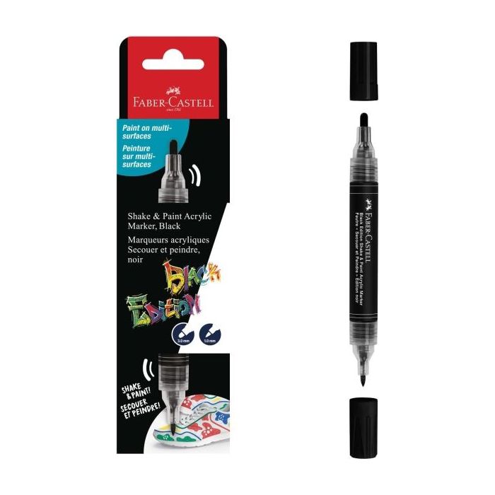 Faber-Castell Shake & Paint Black Edition Rotulador Acrilico Doble Punta - Puntas Redondas de 1mm y 3mm - Tinta Acrilica al Agua - Color Negro