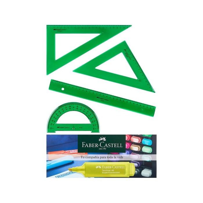 Faber-Castell Pack Escolar de 4 Reglas - Regla Recta - Transportador - Escuadra - Cartabon - Color Verde Tranparente