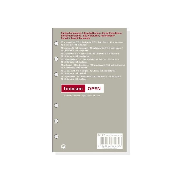 Finocam R410.2 Formularios Surtidos de Recambio para Agendas Open - Formato 400 - 91x8x152mm - Color Surtidos