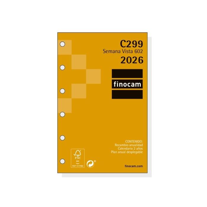 Finocam C299 Recambio para Agendas Classic - Anual 2026 - Hojas Microperforadas - Formato 602 - 73x6x114mm - Semana Vista Horizontal - Color Blanco