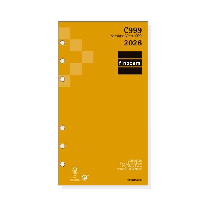 Finocam C999 Recambio para Agendas Classic - Anual 2026 - Hojas Microperforadas - Formato 609 - 94x6x171mm - Semana Vista Horizontal - Color Blanco