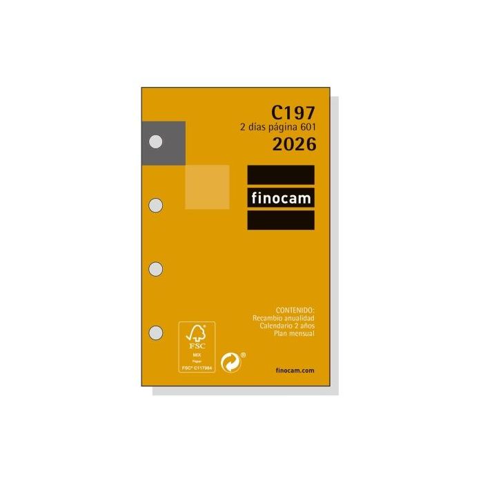 Finocam C197 Recambio para Agendas Classic - Anual 2026 - Hojas Microperforadas - Formato 601 - 56x10x89mm - 2 Dias por Pagina - Color Blanco
