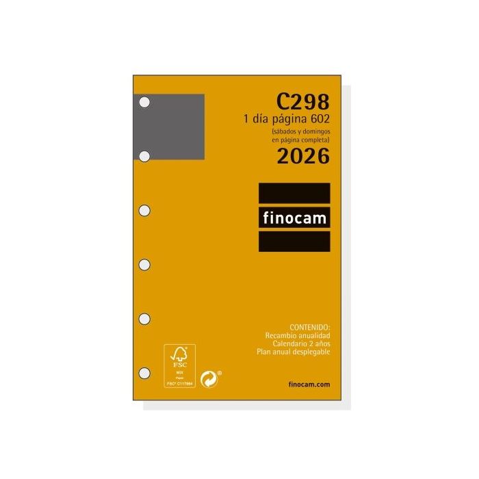 Finocam C298 Recambio para Agendas Classic - Anual 2026 - Hojas Microperforadas - Formato 602 - 73x18x114mm - 1 Dia por Pagina - Color Blanco