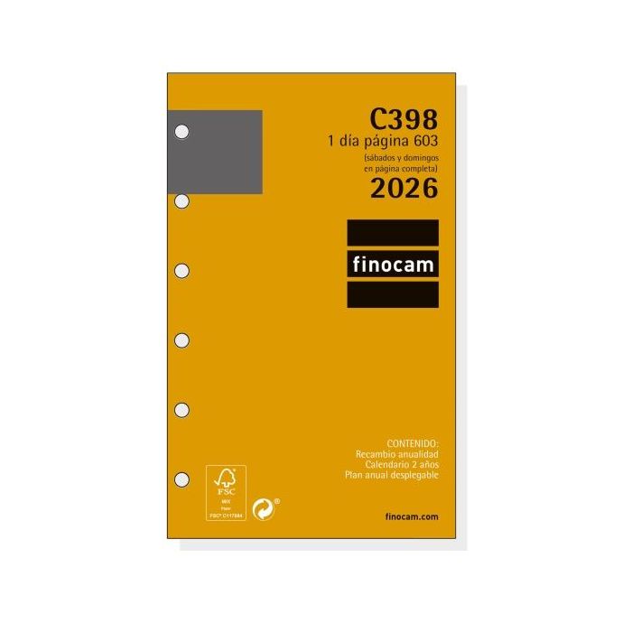 Finocam C398 Recambio para Agendas Classic - Anual 2026 - Hojas Microperforadas - Formato 603 - 79x18x127mm - 1 Dia por Pagina - Color Blanco