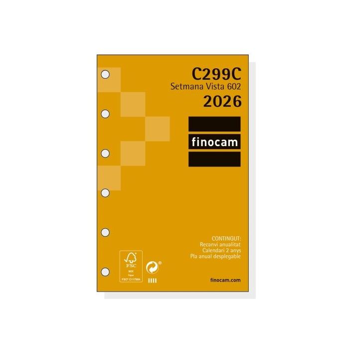 Finocam C299C Recambio para Agendas Classic en Catalan - Anual 2026 - Hojas Microperforadas - Formato 602 - 73x6x114mm - Semana Vista Horizontal - Color Blanco
