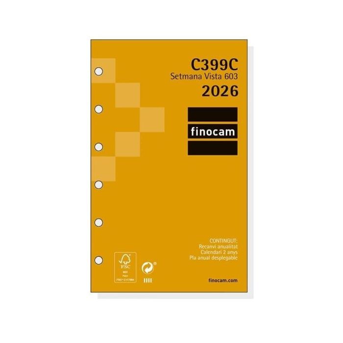 Finocam C399C Recambio para Agendas Classic en Catalan - Anual 2026 - Esquinas Microperforadas - Formato 603 - 79x6x127mm - Semana Vista Horizontal - Color Blanco