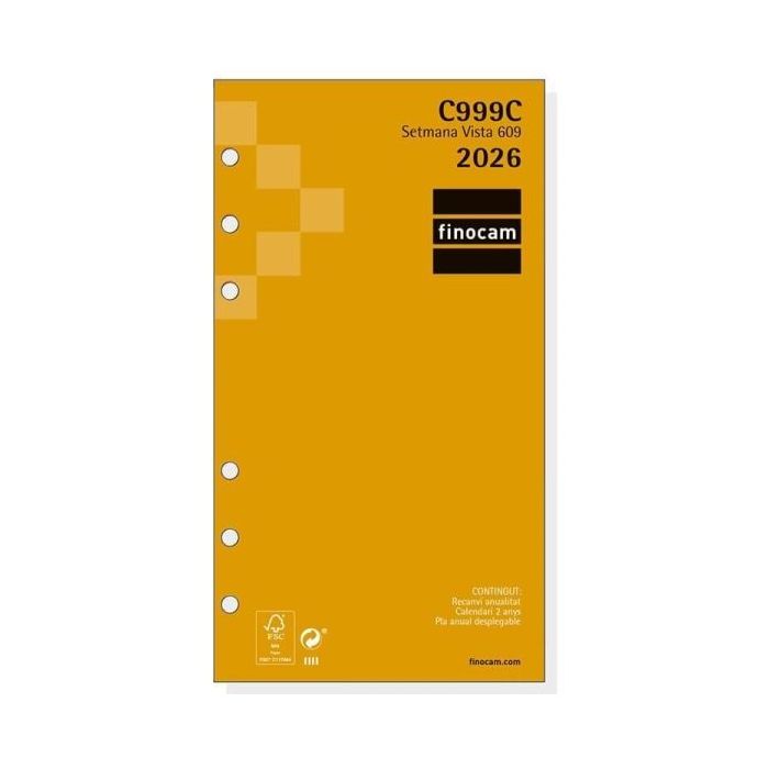 Finocam C999C Recambio para Agendas Classic en Catalan - Anual 2026 - Esquinas Microperforadas - Formato 609 - 94x6x171mm - Semana Vista Horizontal - Color Blanco