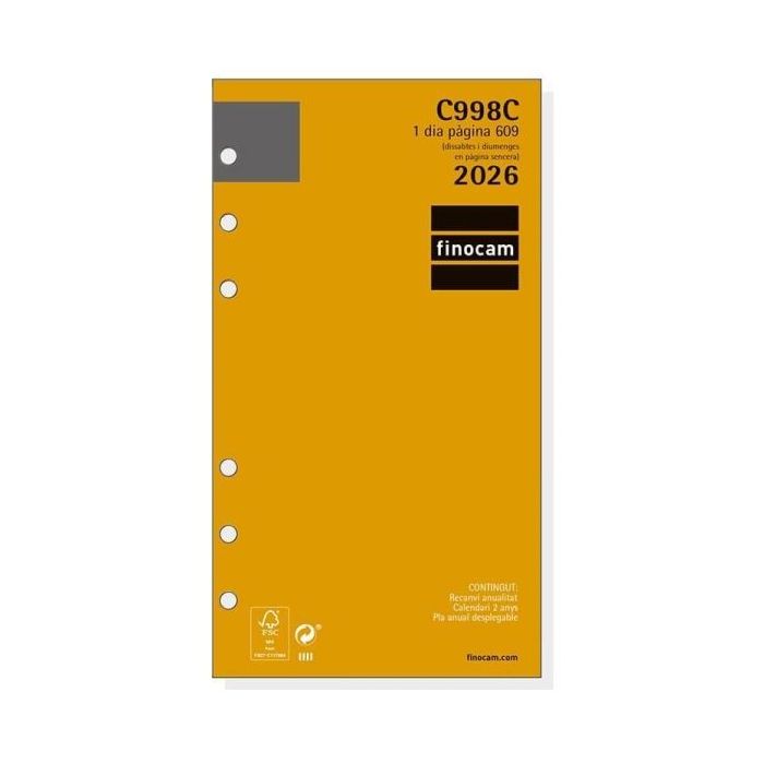 Finocam C998C Recambio para Agendas Classic en Catalan - Anual 2026 - Esquinas Microperforadas - Formato 609 - 94x18x171mm - 1 Dia por Pagina - Color Blanco
