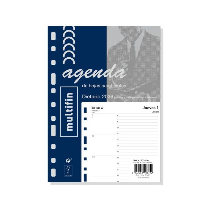 Finocam Recambio Anual 2026 para Agenda - Multiusos - Formato 3002 - 155x17x215mm - 1 Dia por Pagina - Color Blanco