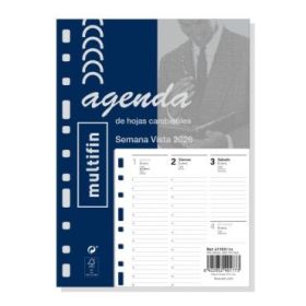 Finocam Recambio Anual 2026 para Agenda - Multiusos - Formato 3002 - 155x6x215mm - Semana Vista en Vertical - Color Blanco