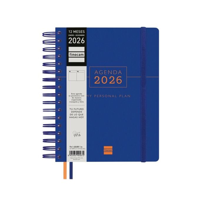 Finocam Tempus Agenda de Espiral - Anual 2026 - Tapa Extradura - Cierre de Goma - Formato 1/4 - 157x217mm - 1 Dia por Pagina - Color Azul