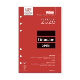 Finocam R599 Recambio Anual 2026 para Agendas Open 2026 - Formato 500 - 117x8x181mm - Semana Vista en Vertical - Color Blanco