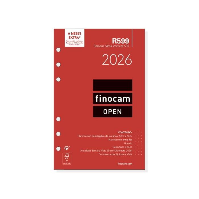 Finocam R599 Recambio Anual 2026 para Agendas Open 2026 - Formato 500 - 117x8x181mm - Semana Vista en Vertical - Color Blanco