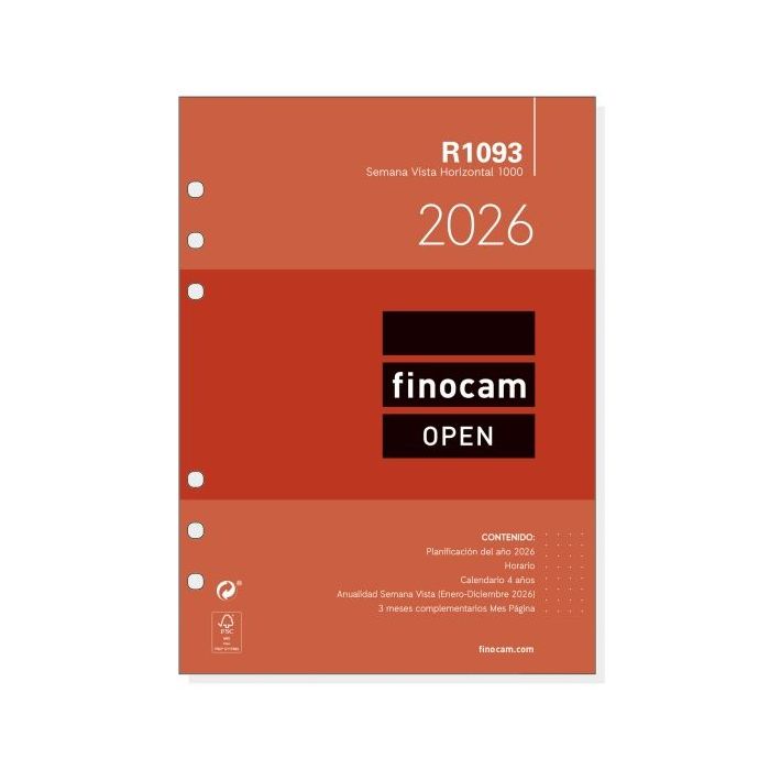 Finocam R1093 Recambio Anual 2026 para Agendas Open 2026 - Formato 1000 - 155x6x215mm - Semana Vista Horizontal - Color Blanco